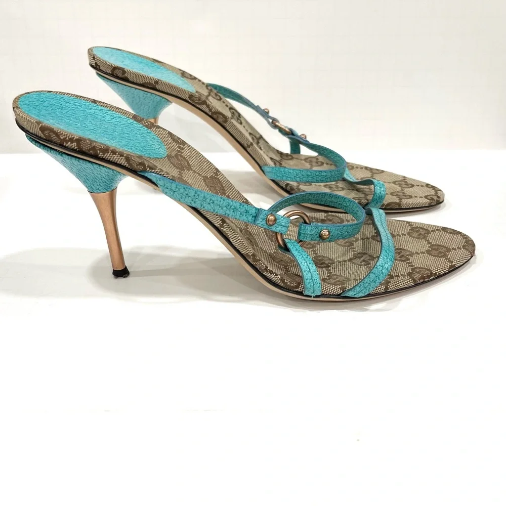 Gucci GG Logo Monogram Turquoise Strappy Heels - Picture 2 of 7